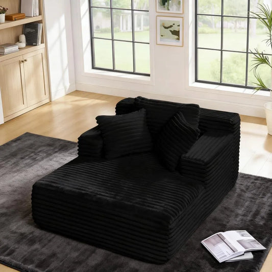 Deep-Seat Cloud Chaise Lounge | Fluffy Foam Fill & Black Corduroy | Compressed for Easy Delivery